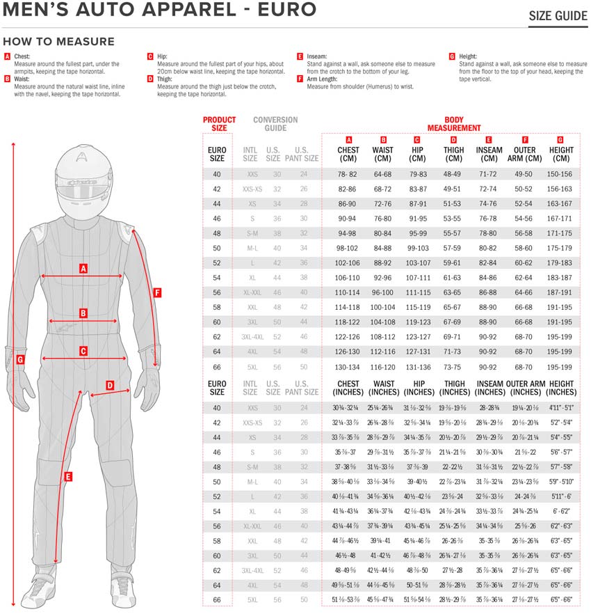 Alpinestars Mens Race Suit Size Chart