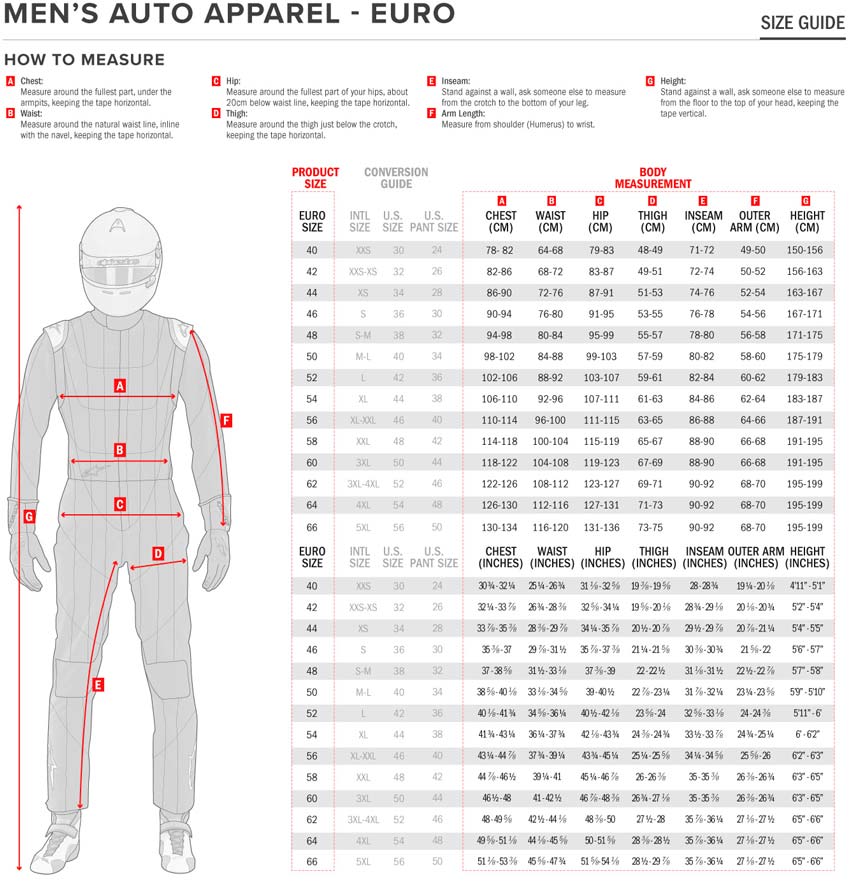 alpinestars mens race suit size chart