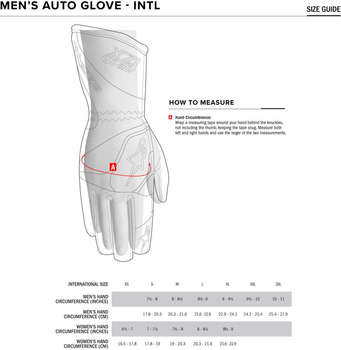 Alpinestars mens Glove Size Chart