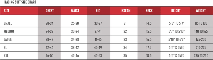Simpson Race Suit Size Chart