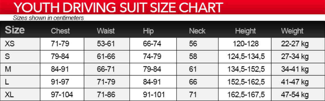 Simpson Youth Race Suit Size Chart