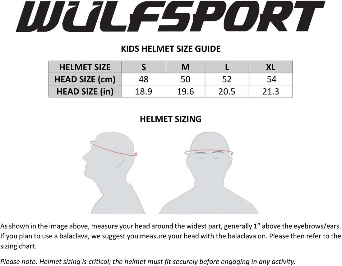 Kids Helmet Size Chart for Wulfsport Helmets