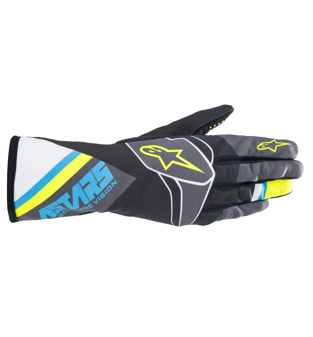 Alpinestars Tech-1 K V2 Graphic Gloves - Black/Cyan/Yellow Fluo