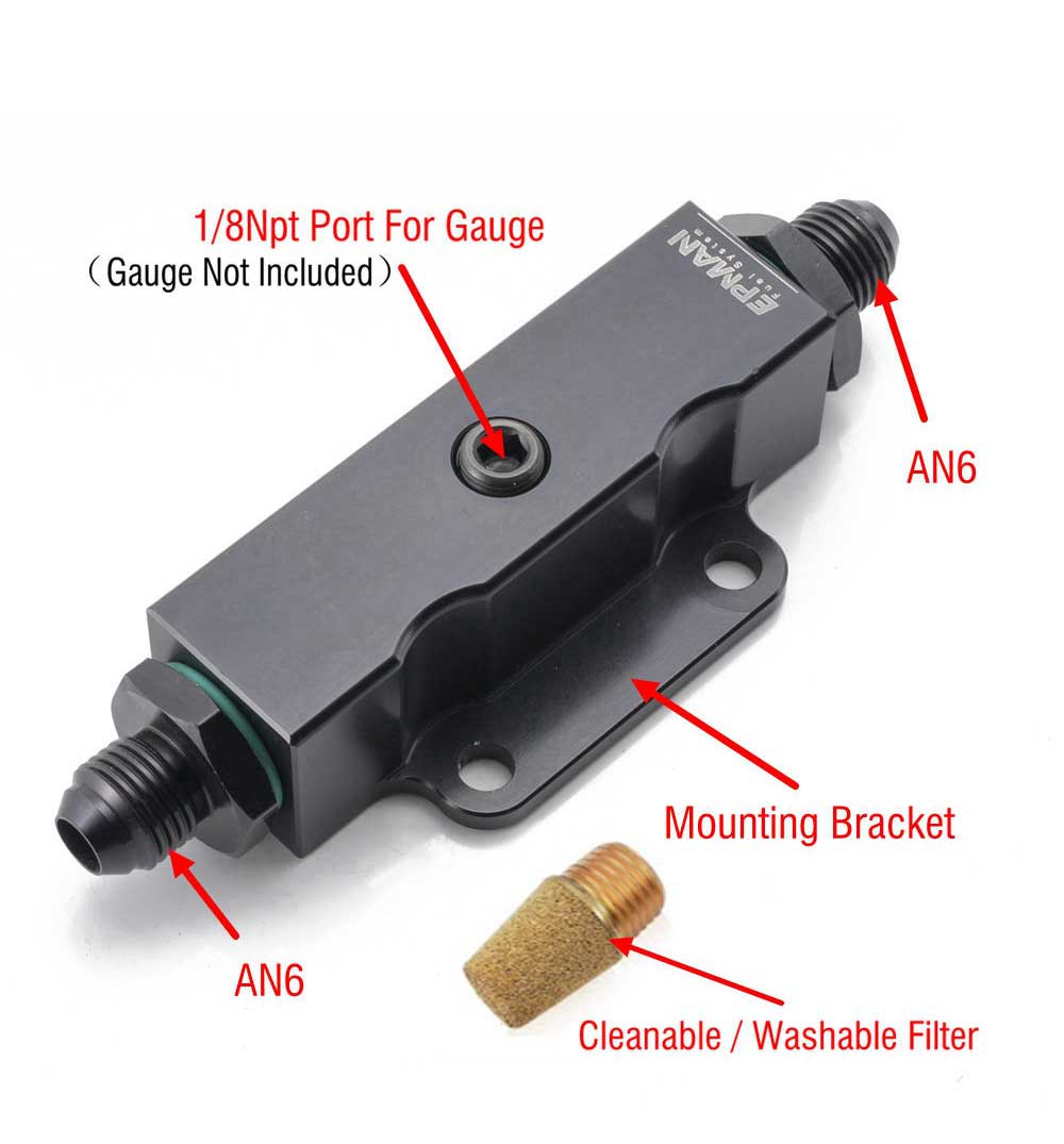 Inline Racing Fuel Filter (with 1/8NPT Gauge Outlet) - AN6 Fittings